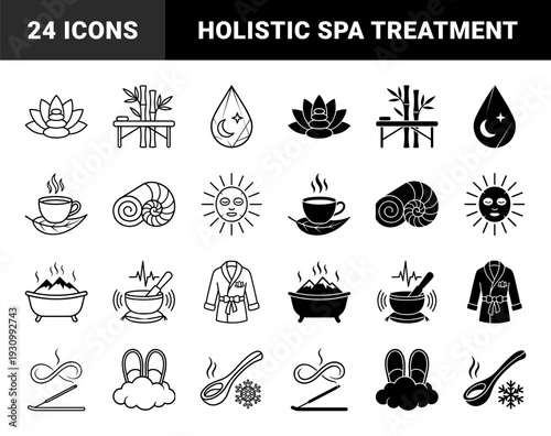 Wellness and Holistic Spa Therapy Line and Silhouette Symbols Featuring Lotus Stone Hybrids Bamboo Massage Tables and Aromatherapy Essentials
