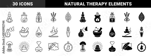 Wellness and holistic therapy hybrid icons merging nature with laboratory science featuring botanical dna helixes and organic chemistry equipment