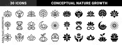 Collection of hybrid lotus flower symbols merging nature with spiritual and intellectual concepts like light bulb brain hourglass and infinity