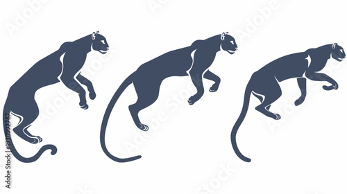 Three stylized, dark blue panther silhouettes in motion, against a white background. Poses jumping, leaping