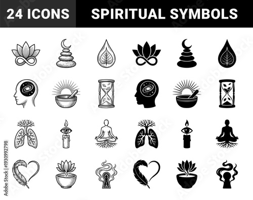 Black and white hybrid symbols merging spiritual motifs with anatomical and natural elements featuring lotus infinity signs and cosmic brain silhouettes