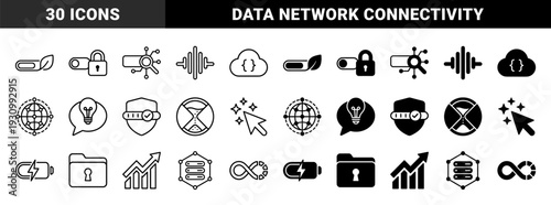Linear and solid hybrid data processing symbols featuring integrated connectivity nodes battery energy levels and secure cloud storage metaphors