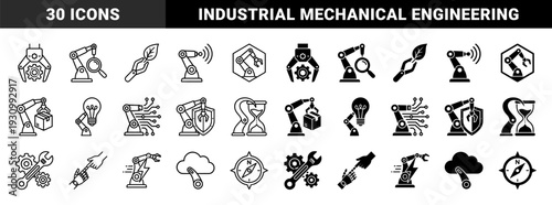 Robotic arm automation and industrial mechanical engineering icons featuring hybrid designs with integrated gears tools sensors and organic elements