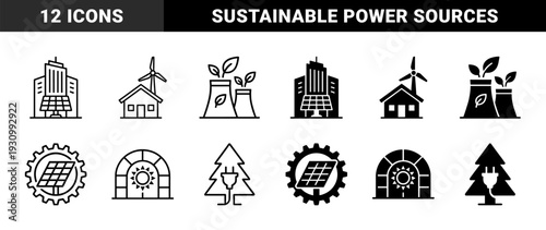 Sustainable energy hybrid icons featuring solar panels on skyscrapers wind turbines on houses and eco friendly industrial cooling towers with leaf motifs