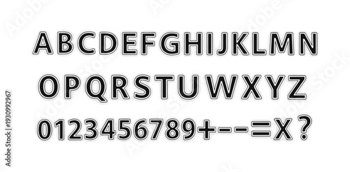 Bold outline alphabet and number set with symbols on white background
