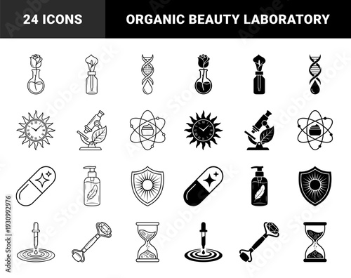 Biotechnology and holistic skincare hybrid symbols featuring laboratory equipment merged with organic botanical elements and scientific molecular structures