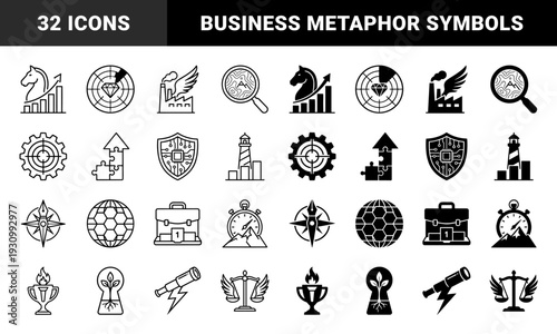 Abstract business strategy and growth symbols featuring hybrid metaphors like a horse with bar charts and a gear with a target in dual outline and solid styles