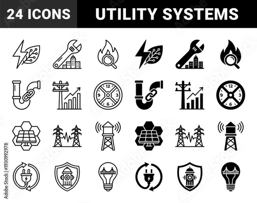 Hybrid utility and infrastructure symbols merging renewable energy with urban planning including solar power grids and water management systems