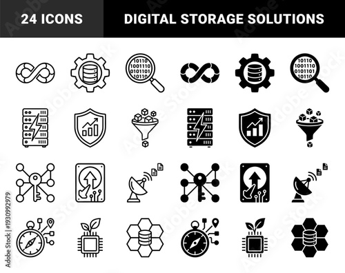 Data infrastructure and network security symbols featuring hybrid designs of server racks with lightning bolts and gear wheels with database cylinders