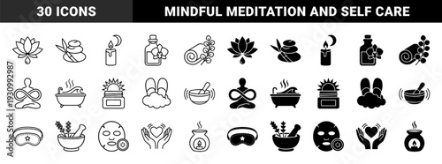 Zen Wellness and Holistic Spa Icons featuring Hybrid Symbols like Infinity Yoga Pose and Sun Rise Skin Care Cream in Minimalist Outline and Solid Style