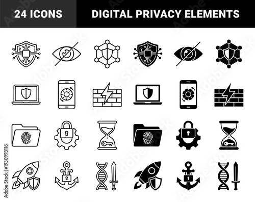 Security and Data Protection Symbols Featuring Hybrid Concepts Like Shield Microchips Hourglass Keys and Rocket Defense in Outline and Glyph Styles