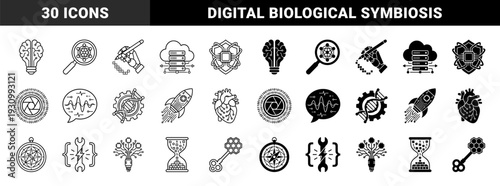 Biotechnology and Artificial Intelligence Hybrid Symbols Featuring Neural Lightbulbs Cyborg Hands DNA Gears and Digital Hourglass Concepts for Future Tech