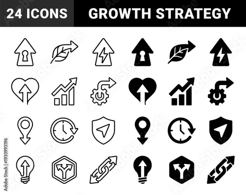 Hybrid geometric symbols combining growth arrows with diverse metaphors including nature leaves clock time heart emotion and security shield for strategy