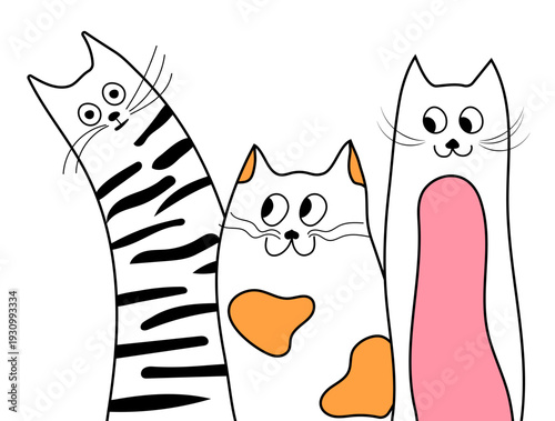 Minimal flat cartoon cats standing calmly together on white background, featuring three colorful animal characters.