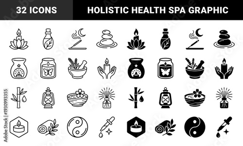 Zen aromatherapy and wellness symbols featuring dual line and solid styles with hybrid elements like lotus candles incense and essential oil diffusers