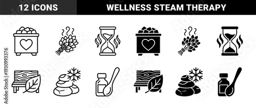 Wellness sauna culture hybrid icons featuring traditional steam room elements merged with nature health and therapy symbols in linear and solid styles
