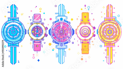 Illustration of five colorful wristwatches, each with a unique design and abstract aesthetic