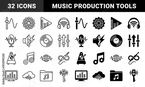 Audio production and music technology hybrid symbols featuring sound wave sliders gear integrated notes and electronic signal processing equipment