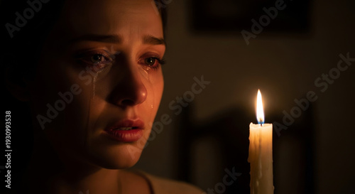Woman's Tear Streaked Face Illuminated by Candlelight