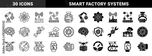 Industrial Smart Manufacturing Hybrid Icons Featuring Robotic Arms With Microchips Cogwheels With Circuitry And Drone Cargo Delivery Concepts