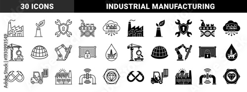 Industrial hybrid manufacturing and logistics icons featuring circuit board factories solar panel buildings dna conveyor belts and secure cargo containers