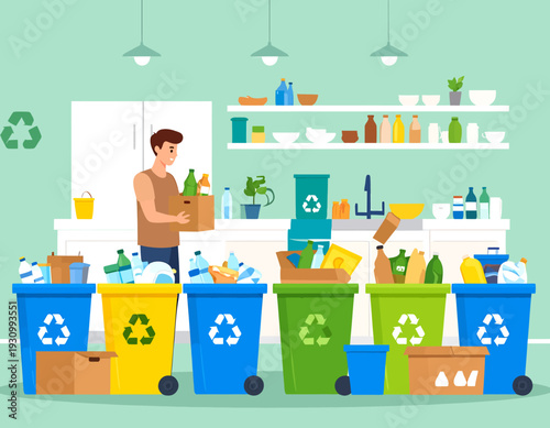 A man sorting recyclables in a modern kitchen with green waste management icons. Concept of sustainability and eco-friendly home.
