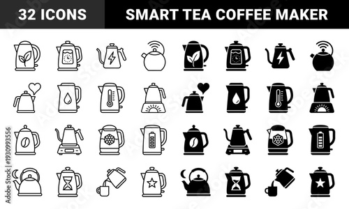 Hybrid electric kettle and teapot line icons featuring smart temperature control tea leaf coffee bean charging and timing functionality symbols