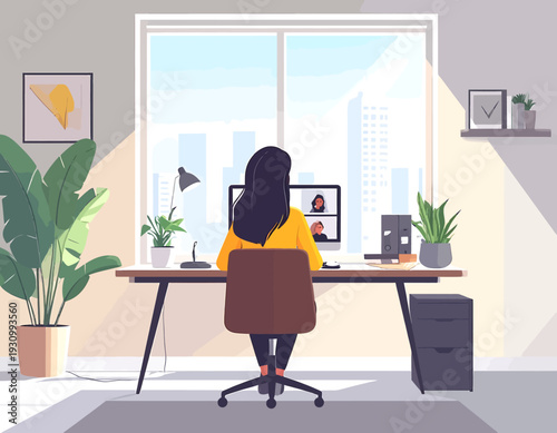 A woman working remotely from home on a laptop in a cozy home office setting. Concept of telecommuting and digital nomad lifestyle.
