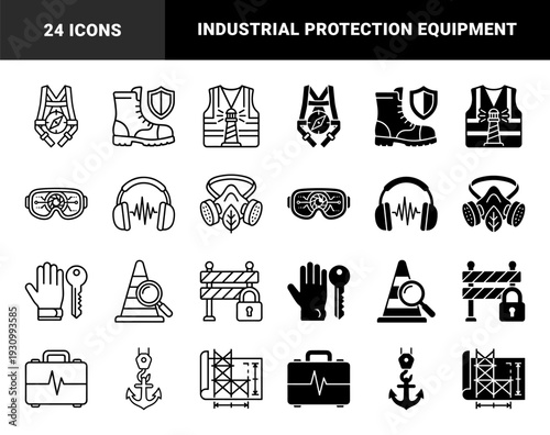 Safety equipment and industrial logistics symbols merging protective gear with navigational and monitoring metaphors in outline and solid styles