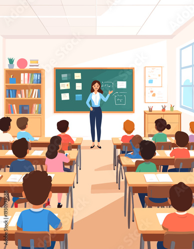 A female teacher giving a lecture to a classroom full of diverse elementary students. Concept of education, learning, and school life.