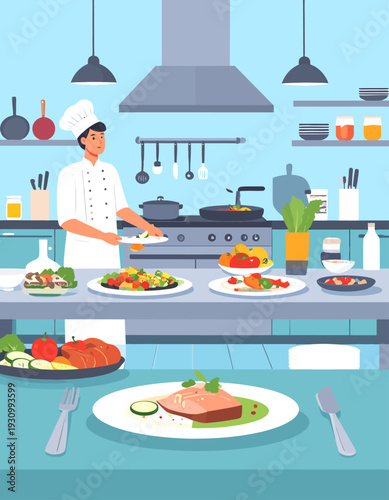 A male chef in a professional kitchen preparing and plating various gourmet dishes for presentation.