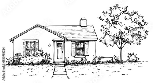 Traditional small family house sketch with a large tree and landscape garden