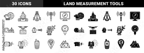 Geodetic Surveying and Civil Engineering Hybrid Icons Featuring Theodolite Total Station Laser Level Drone Mapping and Topographic Measurement Tools