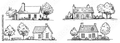 Set of four rustic cottage sketches with trees in hand drawn doodle style