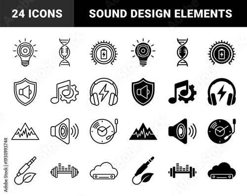 Abstract Audio Production Concept Symbols Merging Sound Wave Elements with Natural and Industrial Objects in Outline and Solid Styles