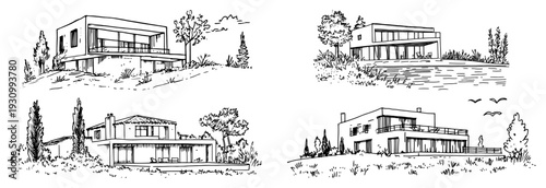 Minimalist modern villa architecture sketches with contemporary residential buildings and garden landscape