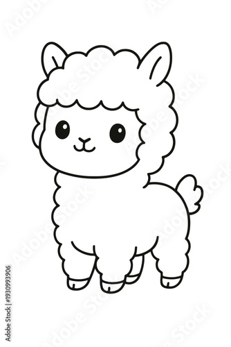 Cute cartoon baby alpaca character playing happily on a farm illustration