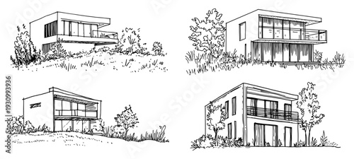 Set of modern two story house sketches with balconies and minimalist architectural style