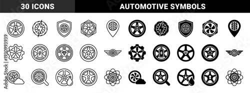 Automotive wheel and tire conceptual symbols merging mechanical parts with electricity ecology protection and performance metaphors in linear and solid styles