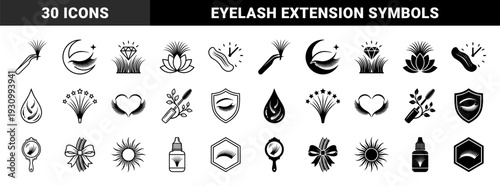 Professional Eyelash Extension Service Symbols Featuring Hybrid Lash Artistry Concepts with Floral Botanical Elements and Cosmetic Beauty Tools