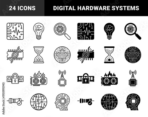 Hybrid electronic engineering symbols merging biological DNA strands with circuit boards and digital processors for futuristic computing concepts