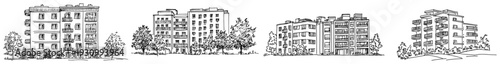 Collection of residential apartment block sketches showing suburban architecture and multi family housing