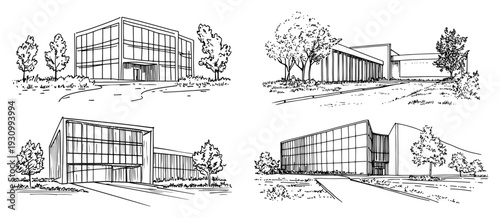 Set of modern commercial office building sketches with glass facade and contemporary architecture