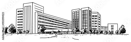 Architectural perspective sketch of modern residential apartment buildings and urban office complexes