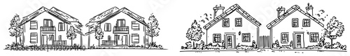 Simple hand drawn sketches of traditional suburban houses and residential family homes with gardens