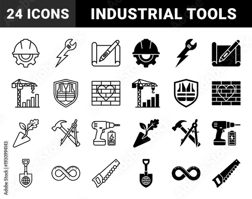 Construction and Engineering Hybrid Icons Combining Industrial Tools with Professional Symbols Like Gears Infinity Loops and Digital Circuits