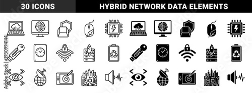 Hybrid technology and digital infrastructure symbols merging hardware with organic and data concepts featuring dual outline and solid glyph styles
