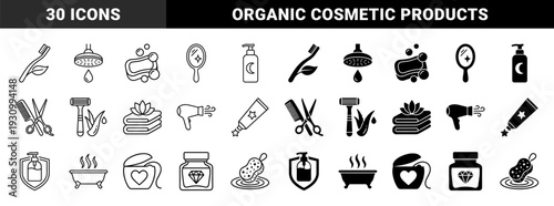 Hygiene and Personal Care Symbol Set Featuring Organic Hybrid Motifs Such as Leaf Toothbrushes Moon Soap Dispensers and Diamond Skin Care Jars