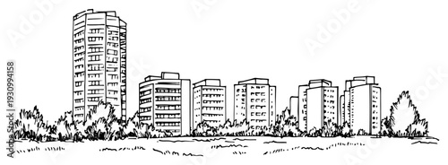 Panoramic urban landscape with multiple high rise residential blocks and garden trees sketch