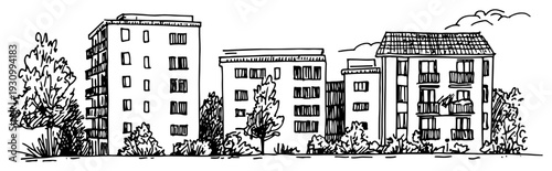 Detailed architectural sketch of city street with residential apartment buildings and lush trees